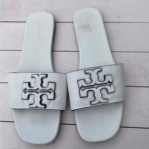 Tory Burch White Logo Slide Sandals